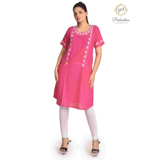 Stylish Pink Beautiful Floral Neck Embroidery Cotton Short Kurti