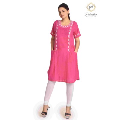 Stylish Pink Beautiful Floral Neck Embroidery Cotton Short Kurti