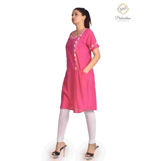 Stylish Pink Beautiful Floral Neck Embroidery Cotton Short Kurti