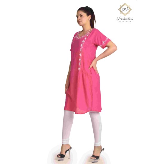 Stylish Pink Beautiful Floral Neck Embroidery Cotton Short Kurti