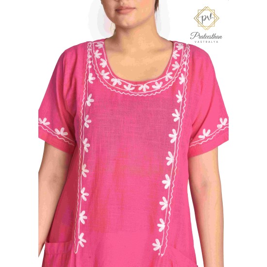 Stylish Pink Beautiful Floral Neck Embroidery Cotton Short Kurti