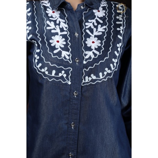 Denim Full Sleeve Neck Embroidery Women's Blue Stylish Dress