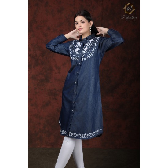 Denim Full Sleeve Neck Embroidery Women's Blue Stylish Dress