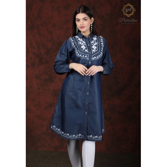 Denim Full Sleeve Neck Embroidery Women's Blue Stylish Dress