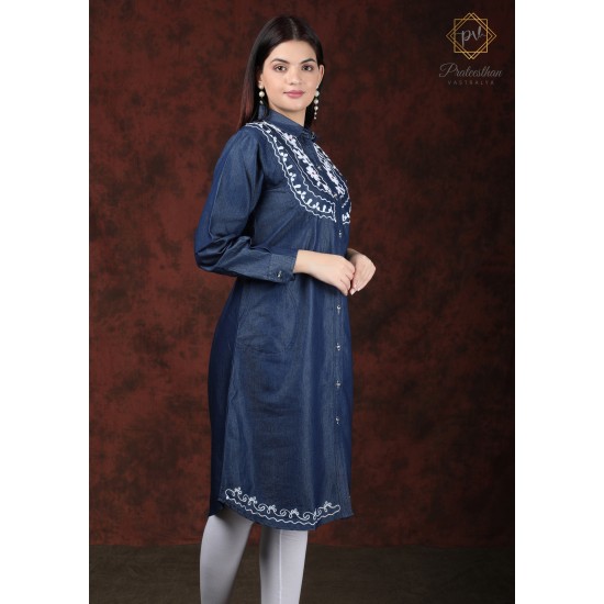 Denim Full Sleeve Neck Embroidery Women's Blue Stylish Dress