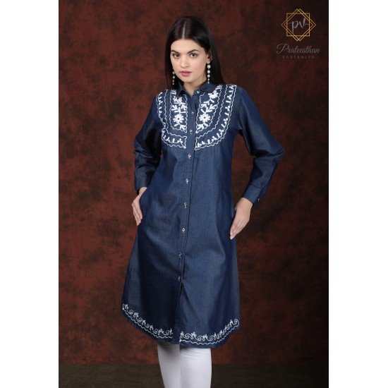 Denim Full Sleeve Neck Embroidery Women's Blue Stylish Dress