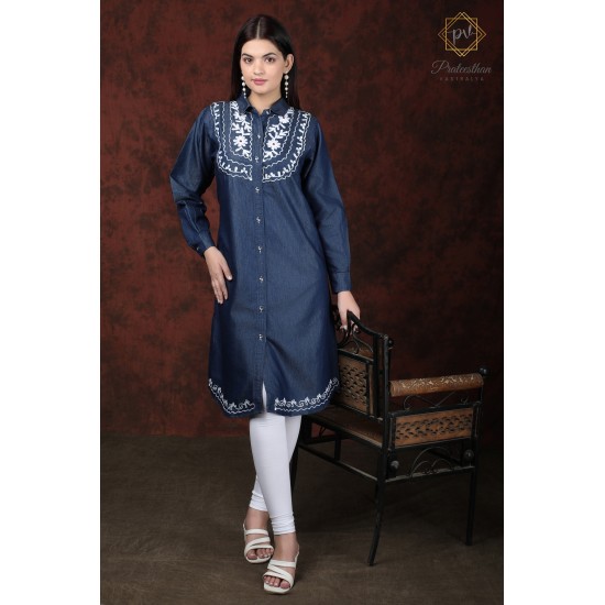 Denim Full Sleeve Neck Embroidery Women's Blue Stylish Dress