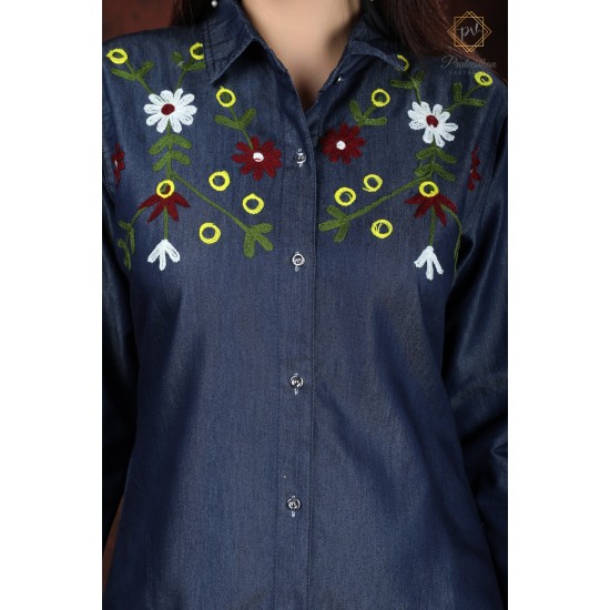 Denim Full Sleeve Neck Floral Embroidery Stylish Women's Dress