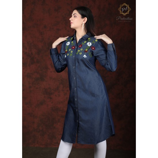 Denim Full Sleeve Neck Floral Embroidery Stylish Women's Dress