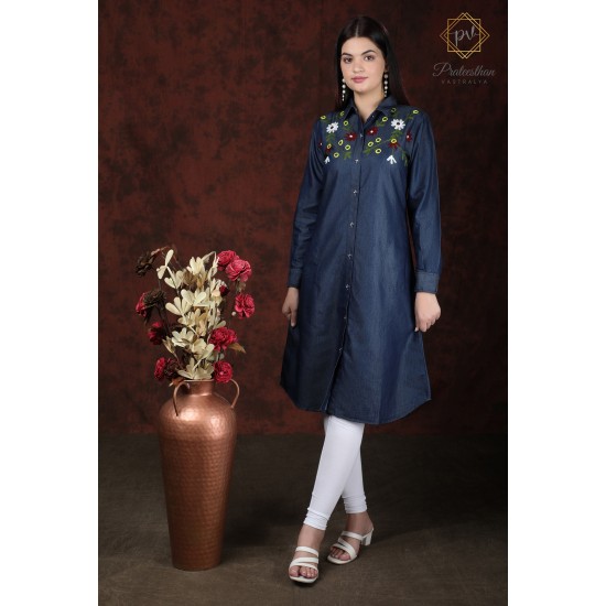 Denim Full Sleeve Neck Floral Embroidery Stylish Women's Dress