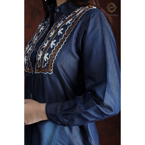 Stylish Cool Denim Full Sleeve Neck Embroidery Women Dress