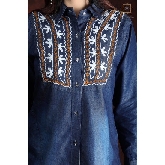 Stylish Cool Denim Full Sleeve Neck Embroidery Women Dress