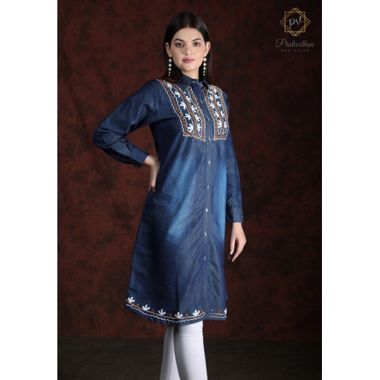 Stylish Cool Denim Full Sleeve Neck Embroidery Women Dress