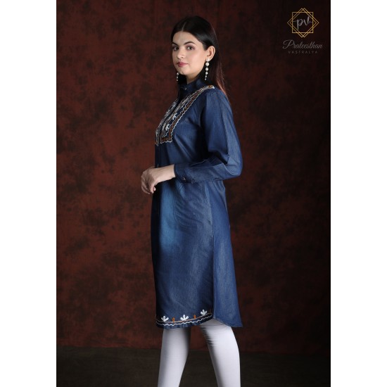 Stylish Cool Denim Full Sleeve Neck Embroidery Women Dress