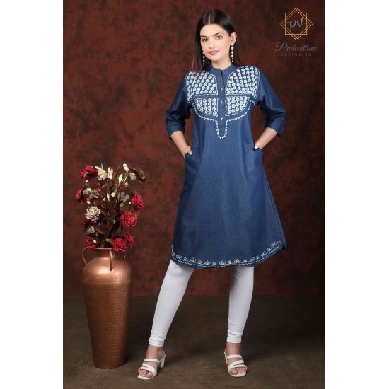 Fashionable Denim Full Sleeve Neck Embroidery Women Blue Dress