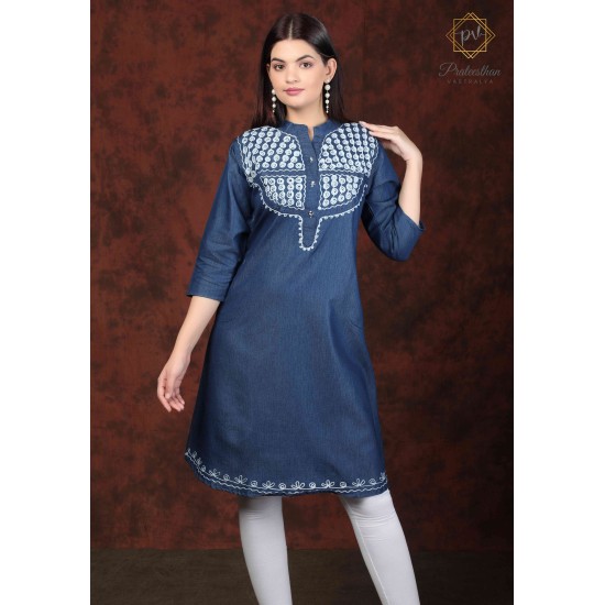 Fashionable Denim Full Sleeve Neck Embroidery Women Blue Dress