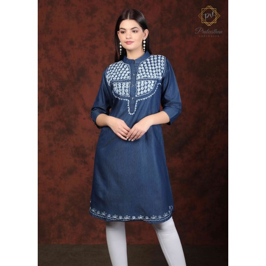 Fashionable Denim Full Sleeve Neck Embroidery Women Blue Dress