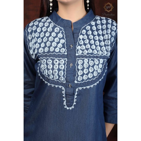 Fashionable Denim Full Sleeve Neck Embroidery Women Blue Dress