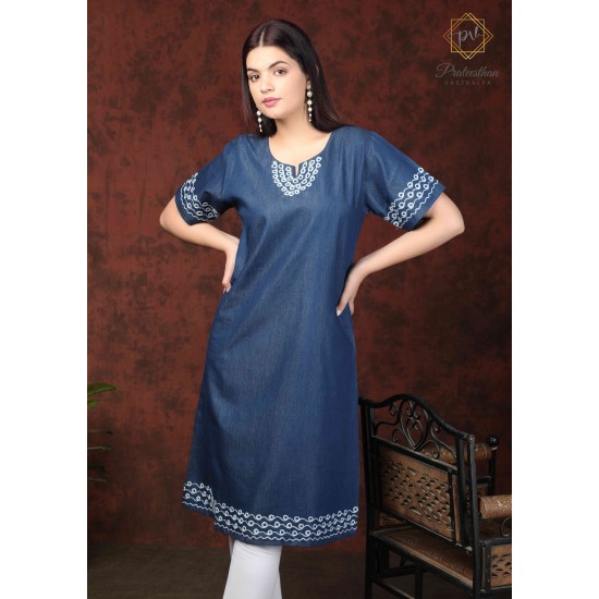 Stylish Denim Half Sleeve Neck Embroidery Women's Blue Dress