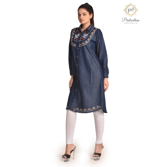 Stylish Denim Full Sleeve Neck Embroidery Women Dress