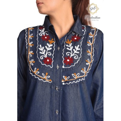 Stylish Denim Full Sleeve Neck Embroidery Women Dress