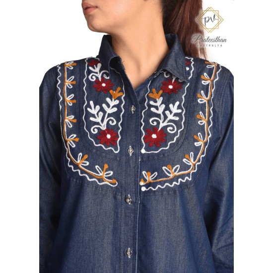 Stylish Denim Full Sleeve Neck Embroidery Women Dress