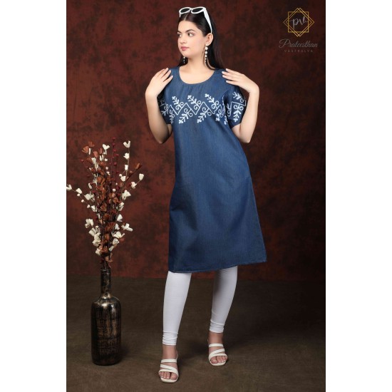 Classy Comfy Denim Half Sleeve Neck Embroidery Women Blue Dress