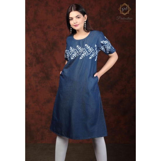 Classy Comfy Denim Half Sleeve Neck Embroidery Women Blue Dress