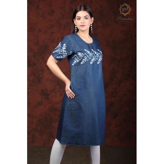 Classy Comfy Denim Half Sleeve Neck Embroidery Women Blue Dress