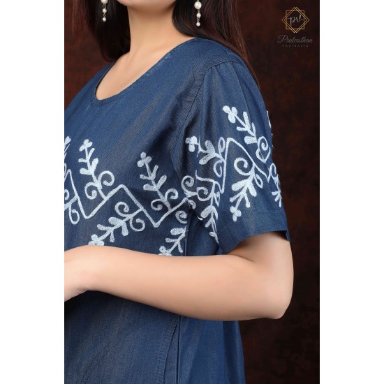 Classy Comfy Denim Half Sleeve Neck Embroidery Women Blue Dress