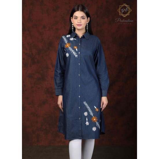 Beautiful Denim Full Sleeve Neck Embroidery Women's Dress