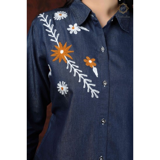 Beautiful Denim Full Sleeve Neck Embroidery Women's Dress