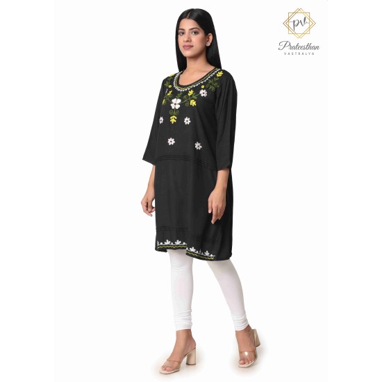 Fashionable Cotton Floral Embroidery Neck Black Kurti For Women