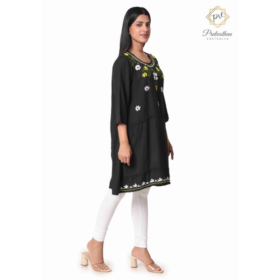 Fashionable Cotton Floral Embroidery Neck Black Kurti For Women