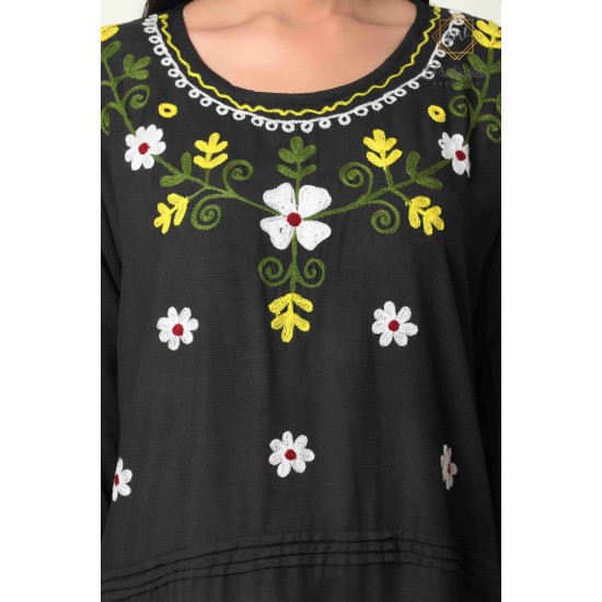 Fashionable Cotton Floral Embroidery Neck Black Kurti For Women