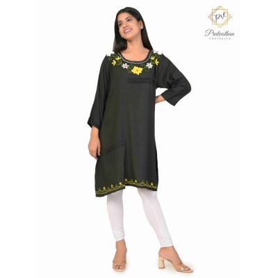 Stylish Cotton multicolor Floral Embroidery Neck Black Kurti