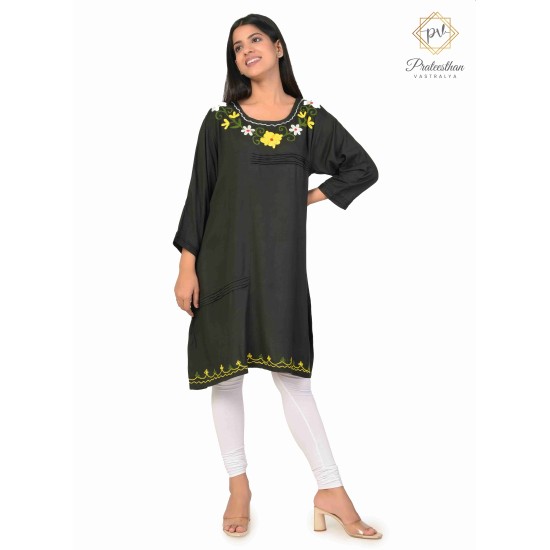 Stylish Cotton multicolor Floral Embroidery Neck Black Kurti