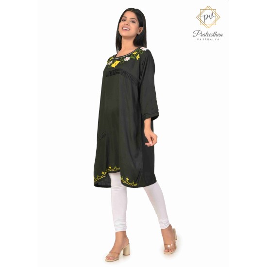 Stylish Cotton multicolor Floral Embroidery Neck Black Kurti