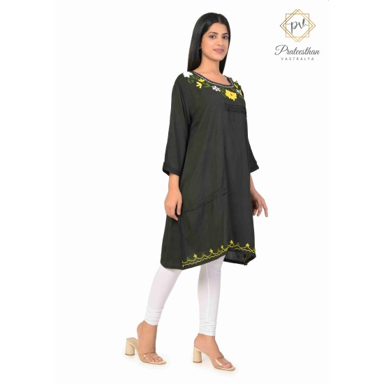 Stylish Cotton multicolor Floral Embroidery Neck Black Kurti