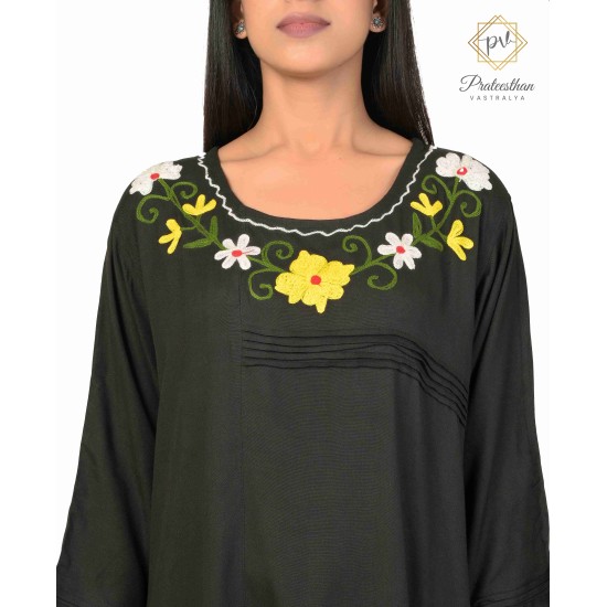 Stylish Cotton multicolor Floral Embroidery Neck Black Kurti