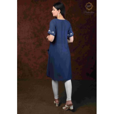 Blue Stylish Casual Wear Neck Embroidery Cotton Kurti