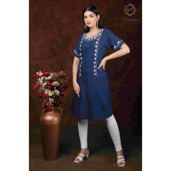 Blue Stylish Casual Wear Neck Embroidery Cotton Kurti