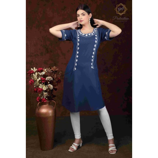 Blue Stylish Casual Wear Neck Embroidery Cotton Kurti