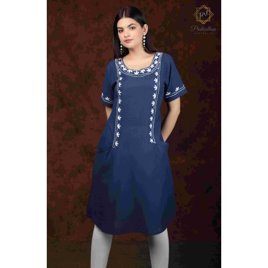 Blue Stylish Casual Wear Neck Embroidery Cotton Kurti