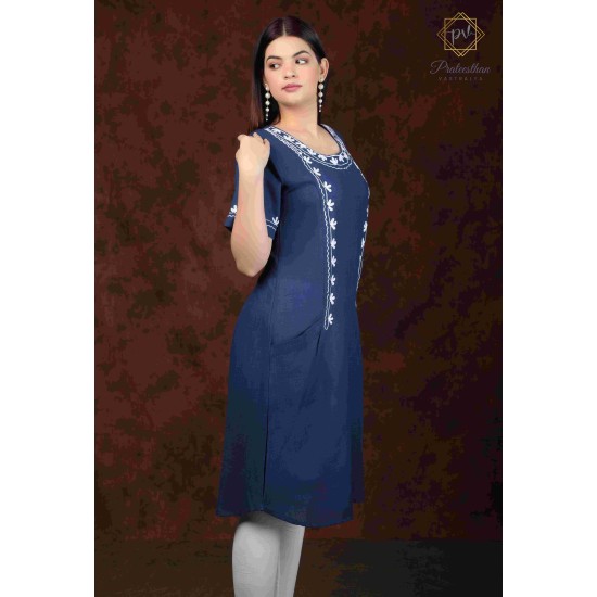 Blue Stylish Casual Wear Neck Embroidery Cotton Kurti