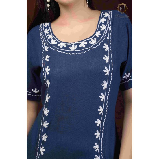 Blue Stylish Casual Wear Neck Embroidery Cotton Kurti