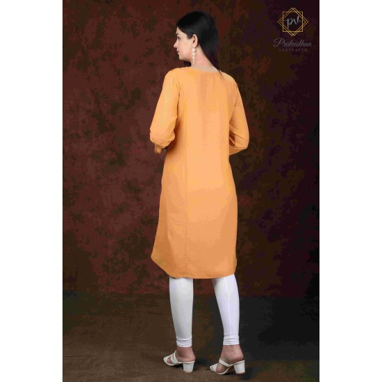 Orange Stylish Printed Cotton Embroidery Women's Kurti