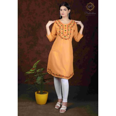 Orange Stylish Printed Cotton Embroidery Women's Kurti