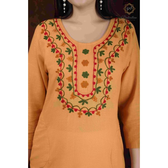 Orange Stylish Printed Cotton Embroidery Women's Kurti