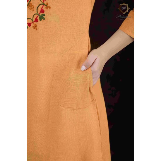 Orange Stylish Printed Cotton Embroidery Women's Kurti